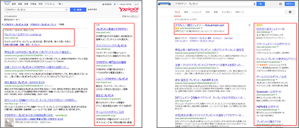 Yahoo、Googleによる検索広告の検索結果ページ